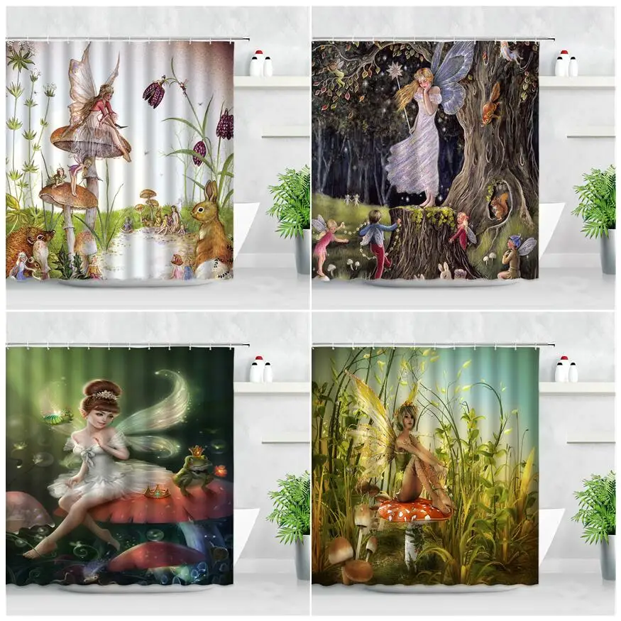 

Гриб крыло Эльф Девушка занавески растения и цветы мультфильм животных водонепроницаемая ткань с рисунком для ванной комнаты Экран занаве...