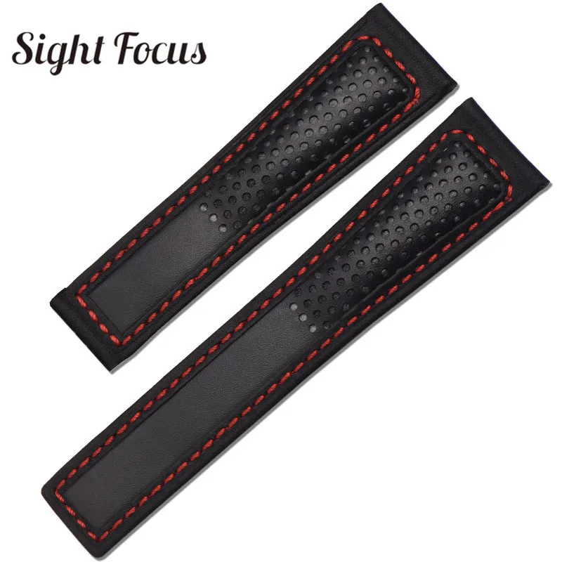 

22mm Perforated Leather Watch Band for TAG_Heuer CARRERA Cowhide Leather Watch Strap Black Red Stitching WatchBand Replacement