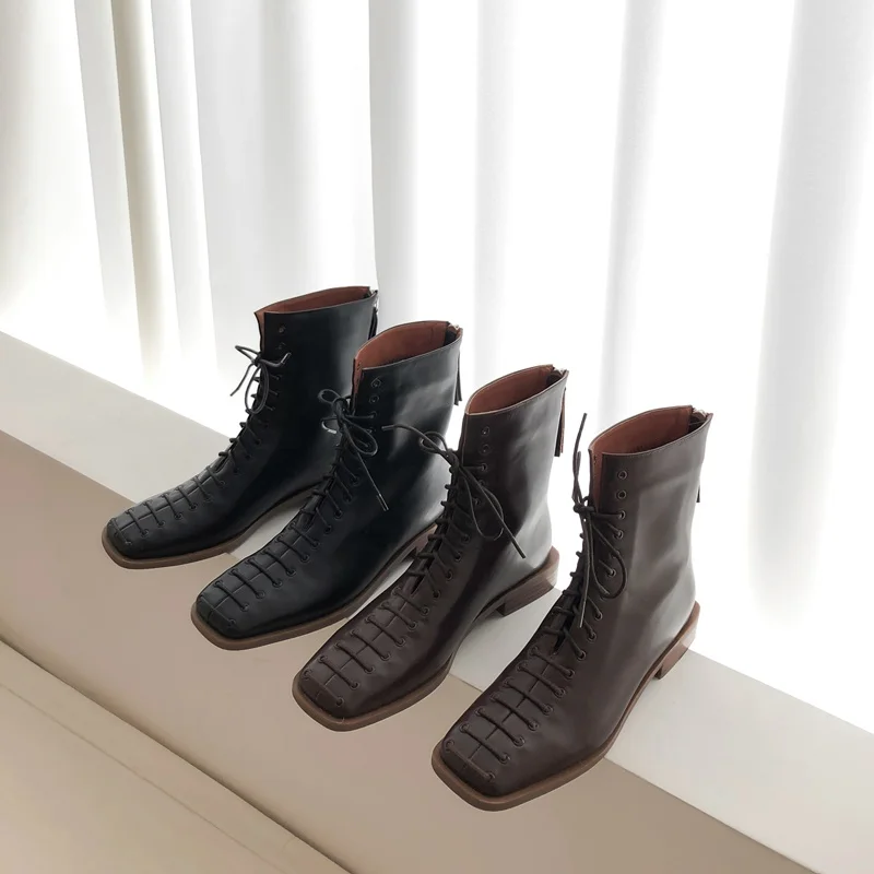 Online Zvq Sepatu Wanita Musim Dingin Baru Fashion Square Toe Kulit Asli Sepatu Bot Di Luar Nyaman Tumit Rendah Cross-Tied Zip Sepatu