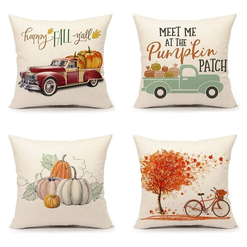 Осенний чехол для подушки Тыква грузовик кленовые листья велосипед фермерский