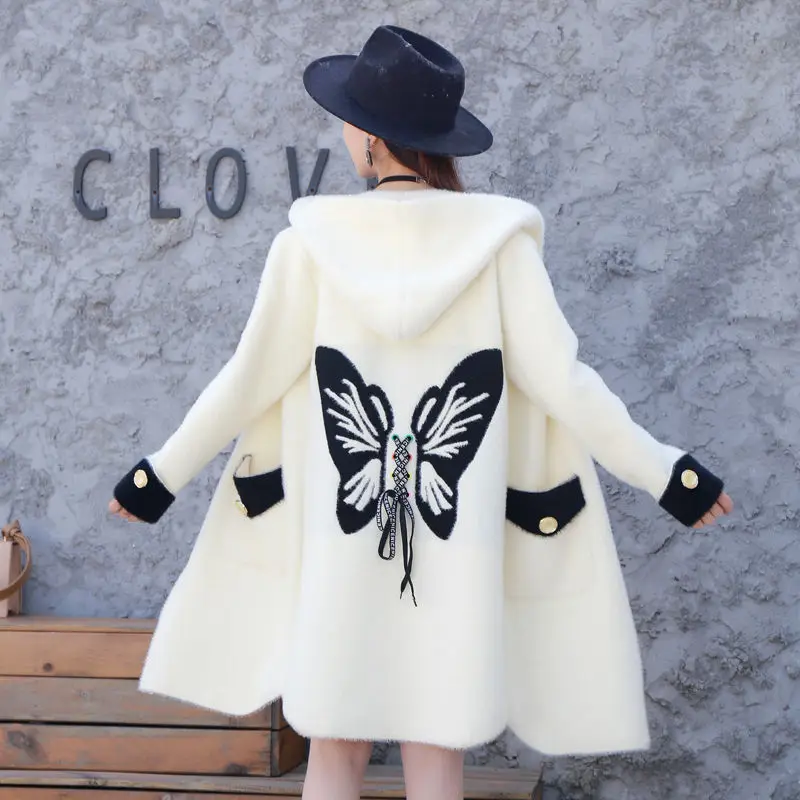 

Female Coat Long Section 2022 Autumn And Winter New Double-faced Cashmere Butterfly Embroidered Loose Imitation Velvet Wool Coat