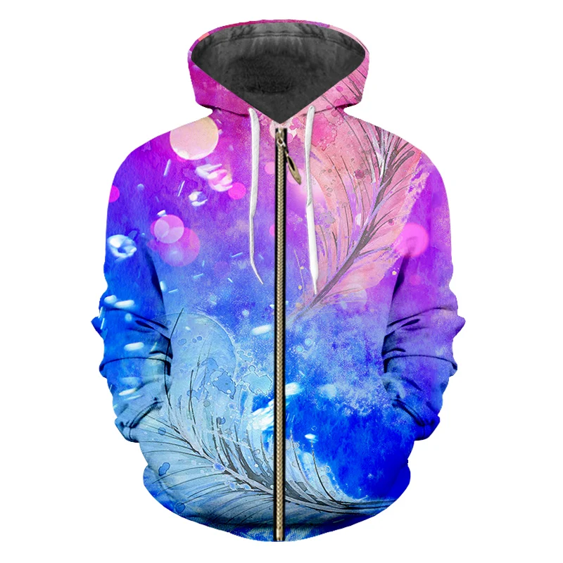 

UJWI Men's Casaul Hoodies With Zip Print Colored feathers 3d Sweatshirt Hoody Homme Long Sleeve Hooded Sweats Jacket Tracksuits