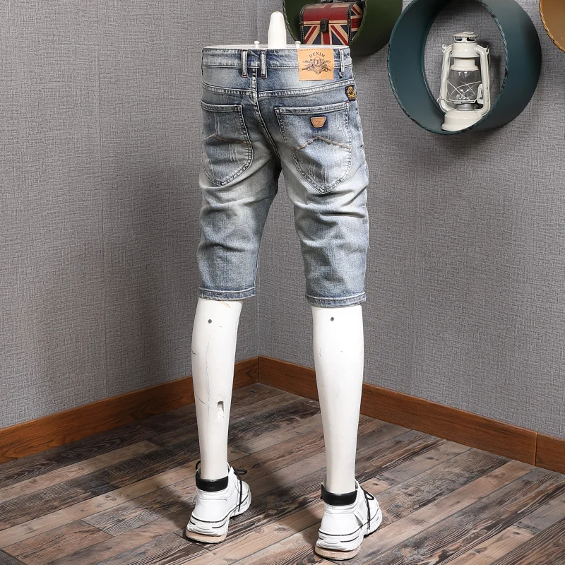 Vintage Light Blue Ripped Short Jeans Men Summer Streetwear Distressed Straight Cotton Denim Shorts