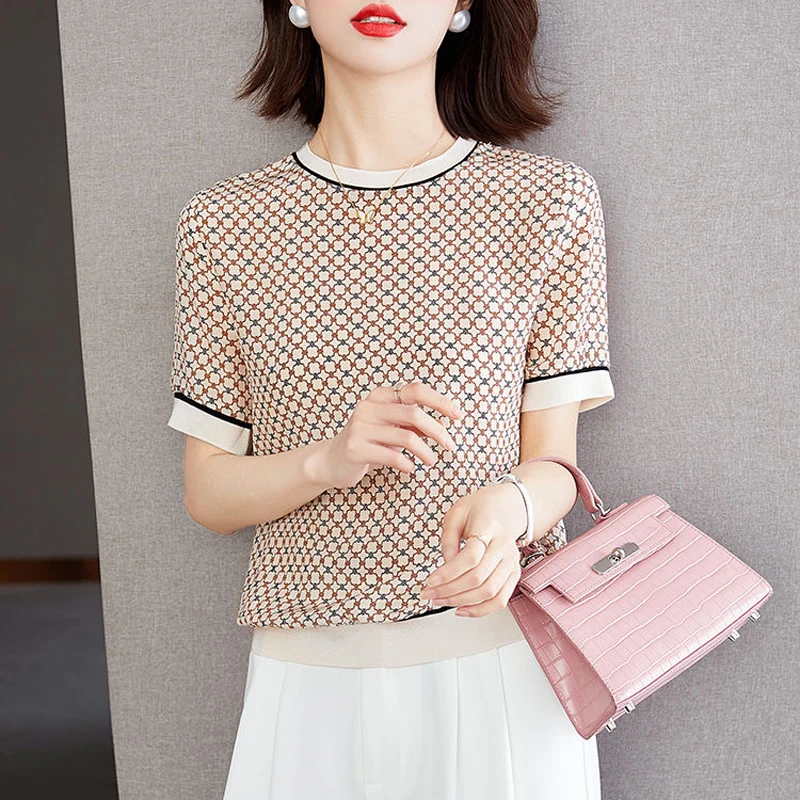 

Женская хлопковая футболка, с коротким рукавом, круглым вырезом и принтом, лето 2021