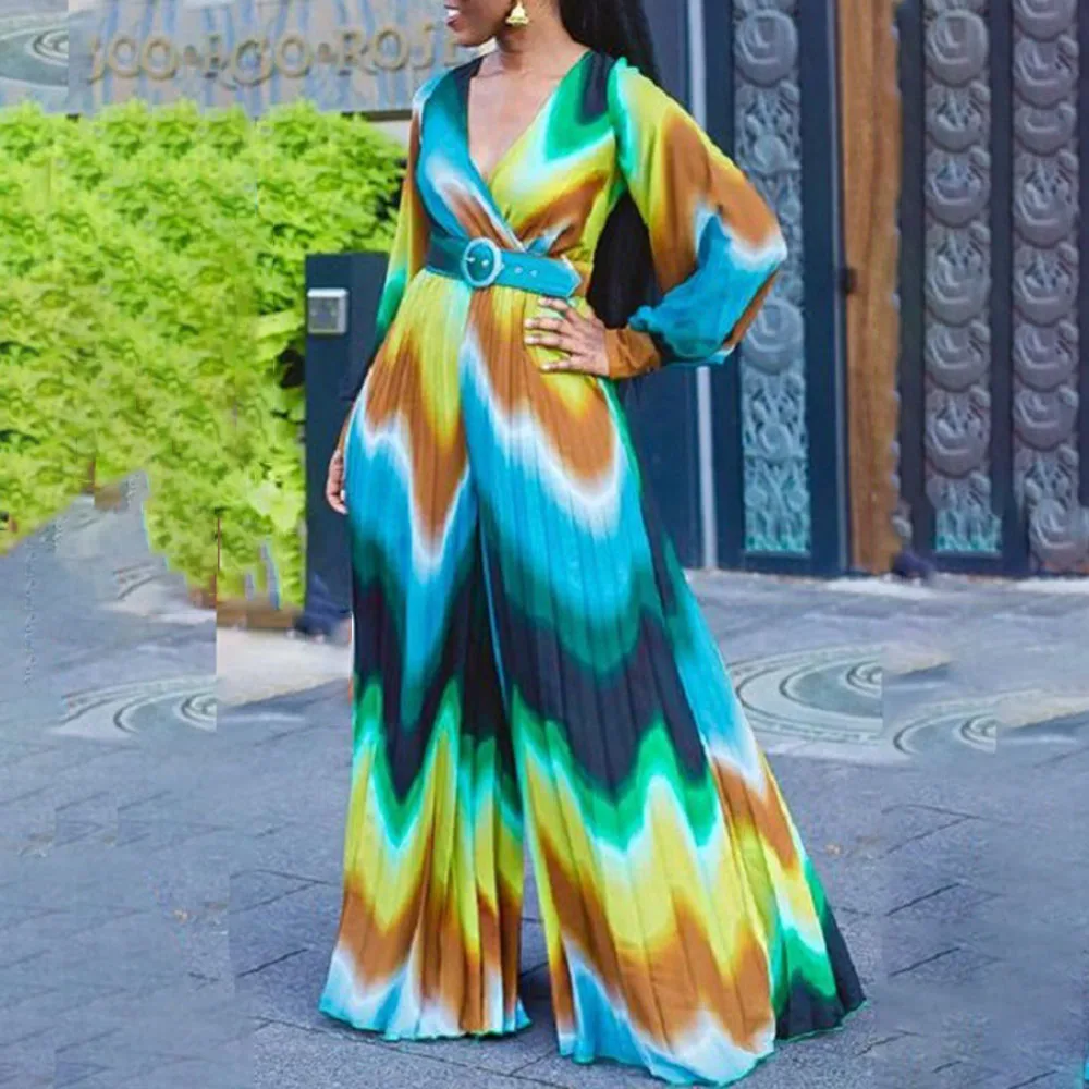 

African Fashion Jumpsuit Summer 2021 Printing Color Contrast High Waist V-neck Long Sleeve Pleated Loose Oversize