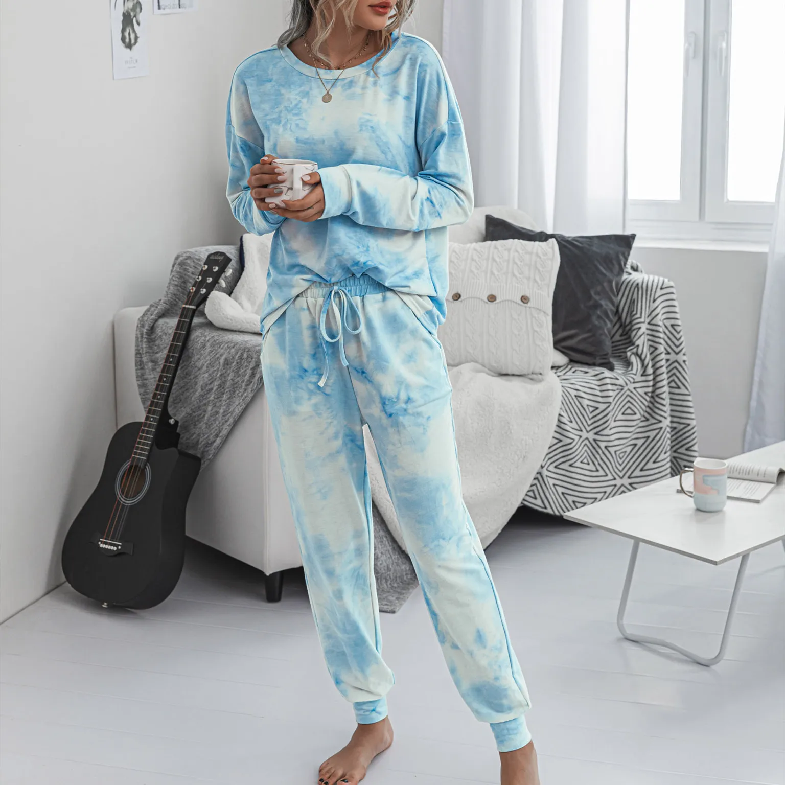 Пижамный комплект Женский с принтом свободная блузка длинным рукавом и брюки