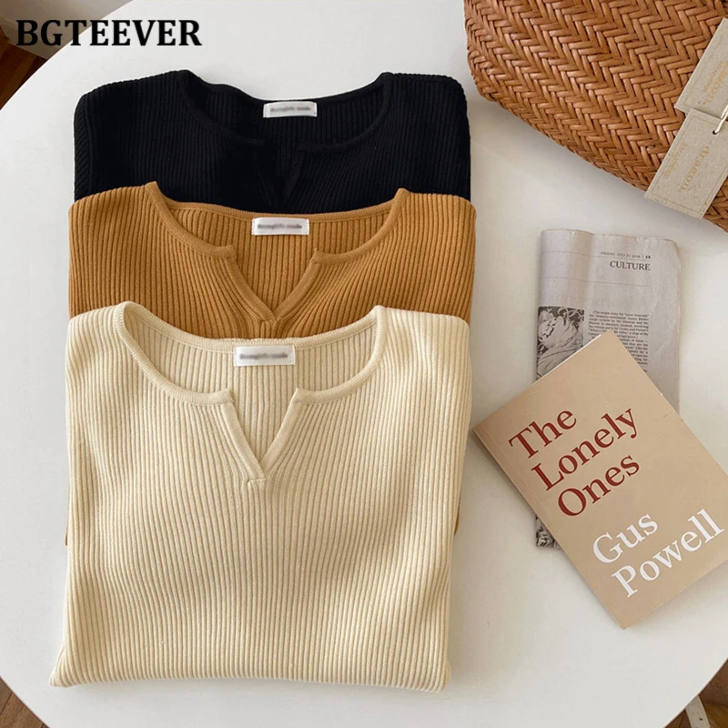 Свитер Женский вязаный BGTEEVER с V-образным вырезом и длинным рукавом Осень-зима 2020 |