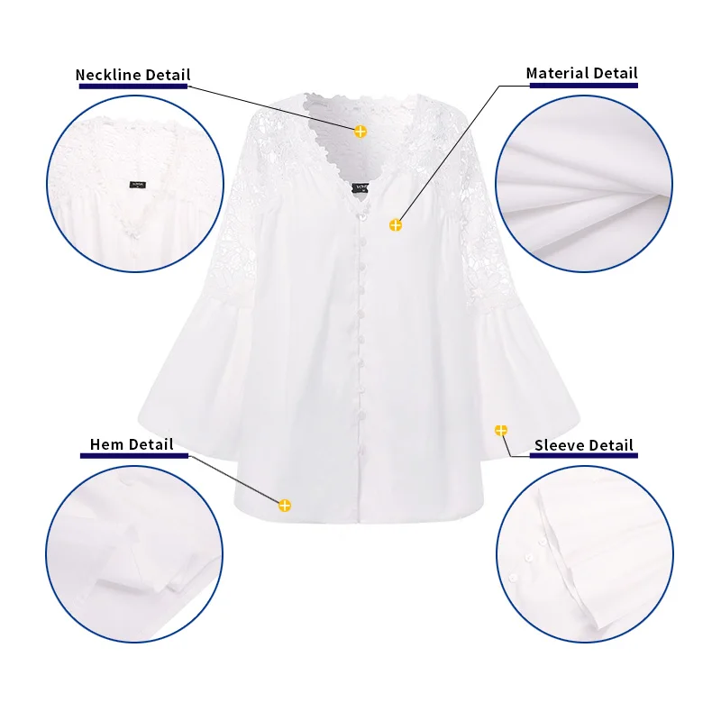 

Summer Blouse VONDA 2021 Women Casual Solid Lace Button Up Tops Sexy V Neck Blouse Loose OL Office Lace Hollow Out Tops S-