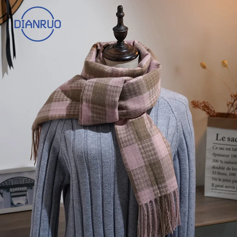 Женский утепленный клетчатый шарф DIANRUO классический теплый на осень и зиму
