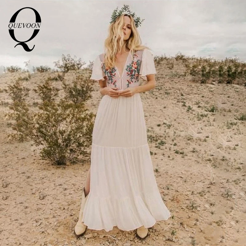 

QUEVOON Elegant StyleFashion Floral Embroidery Deep V-Neck Short Sleeve High Split SIde Beach Dresses for Women Sexy Cover Ups
