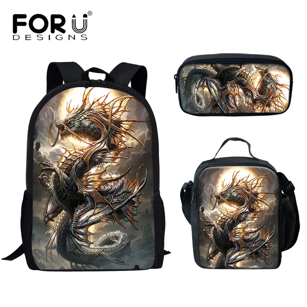 

FORUDESIGNS Cool Dragon Pattern Print Backpack Fashion Schoolbags Set for Teen Boys Large Bookbags with Zipper Satchel Cartable