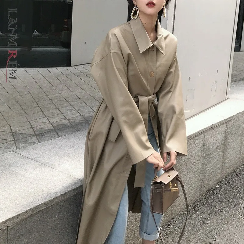 

LANMREM 2021 New autumn Fashion Long Type PU Leather Windbreaker Loose Single-breasted Long Coat Black Women's Clothing YG625
