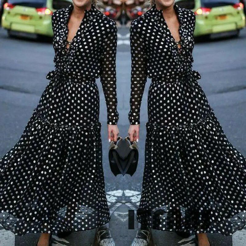 

Новый Для женщин в стиле бохо, длина макси платье с v-образным вырезом в горошек вечернее пляжное платье Открытое платье без рукавов Туника д...