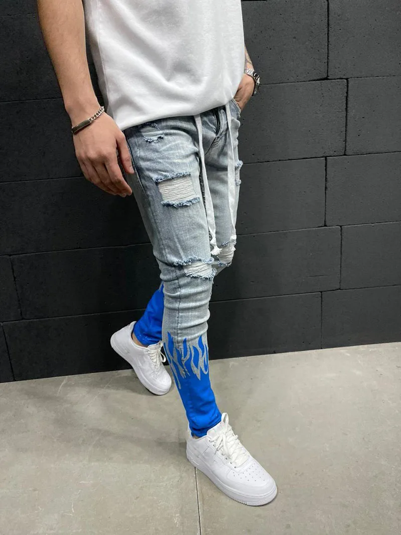 Men Ripped Jeans Slim Fit Trousers Fashion Flame Print Distressed Fringe Pencil Jeans Homme Casual Drawstring Skinny Denim Pants
