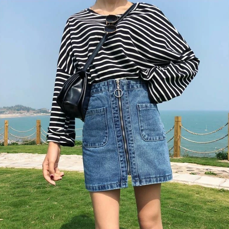 Женская джинсовая мини юбка на молнии синяя Повседневная трапециевидная с