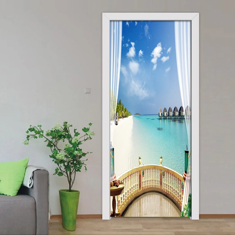 3D наклейка на дверь с видом море и окно настенная роспись художественный плакат
