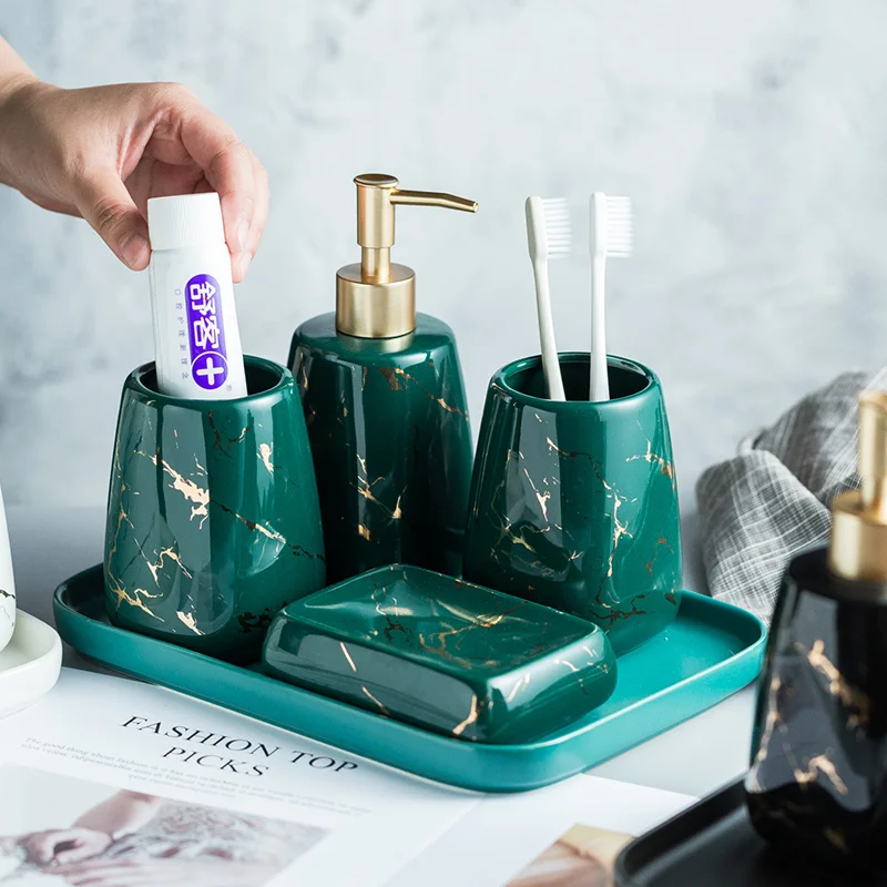 

Marble Texture Bathroom Accessory Tray Ceramic Bathroom Set Hand Sanitizer Lotion Bathroom Accessories Set Soap Dispenser Tooth