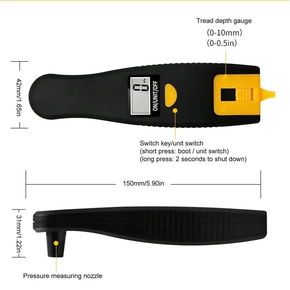 

2-in-1 Digital Tire Pressure Gauge Car Tread Depth Gauge Tire Pressure Monitoring Tool LCD Display 100 PSI Backlight
