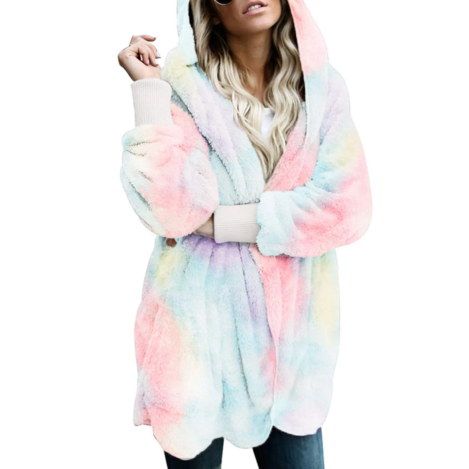 

Winter New Thickened Tie Dyed Plush Coat Women's Mid Long Hooded Cardigan Coat