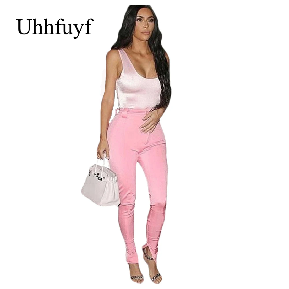 

Uhhfuyf Women's Pencil Pants 2021 Pure Color Silk Surface Zipper Trousers All-Match Casual Fashion Slim Women Clothing