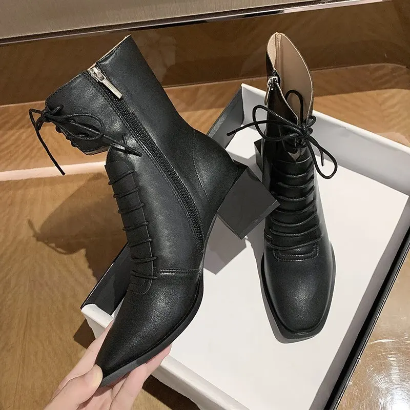 

Women's Boots Fashion Trendy Anti-skid Square Toe High Heels Pu Leather Zip Cross-tied Short Boot for Women Shoes