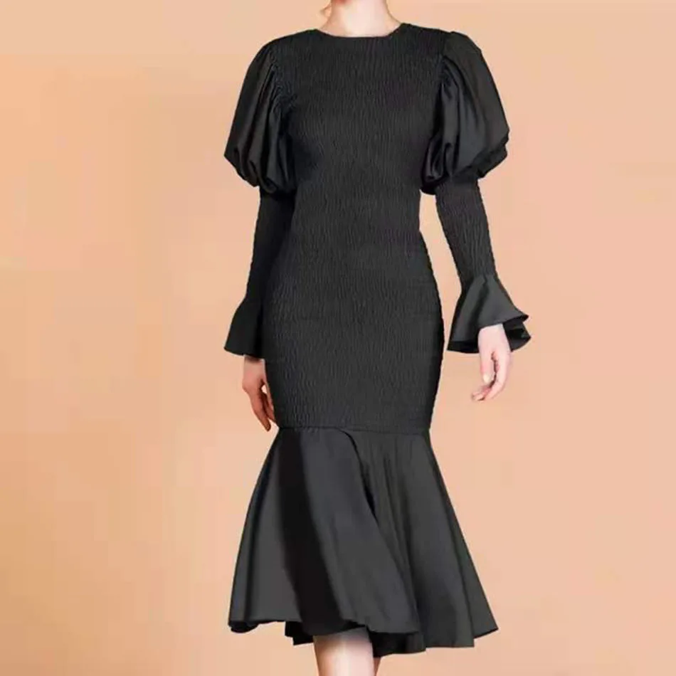

Women's Stretch Dress New Fashion Summer Puff Sleeve Slim Ladies Solid Color Fishtail Dress 2021 New Trend