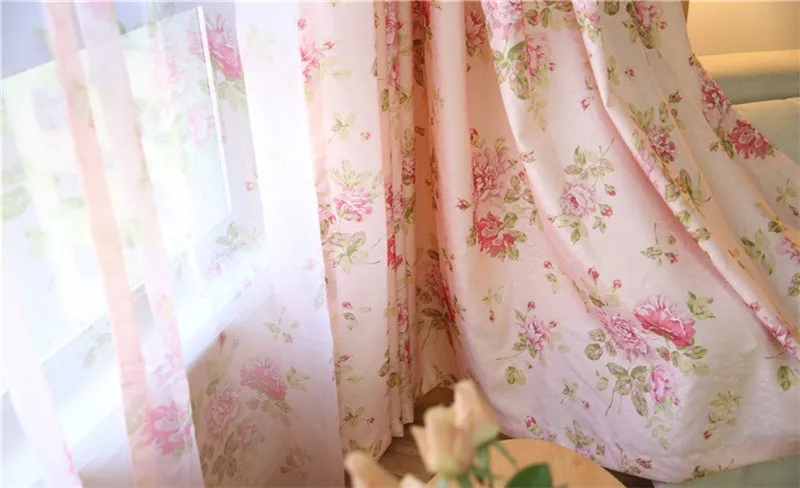 Blue Floral Curtain For Living Room Luxury Semi Blind Drape Window Panel Fabric Curtain For Bedroom Shading Pink Sheer HM386*30