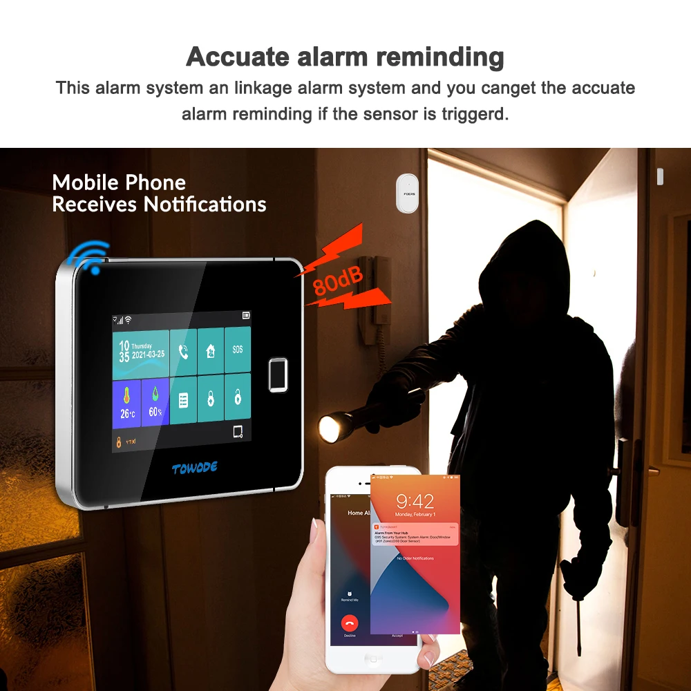 

TOWODE Tuya App Smart Security Home Alarm System Wireless WiFi GSM Touch Screen Fingerprint Control User Password Protect System