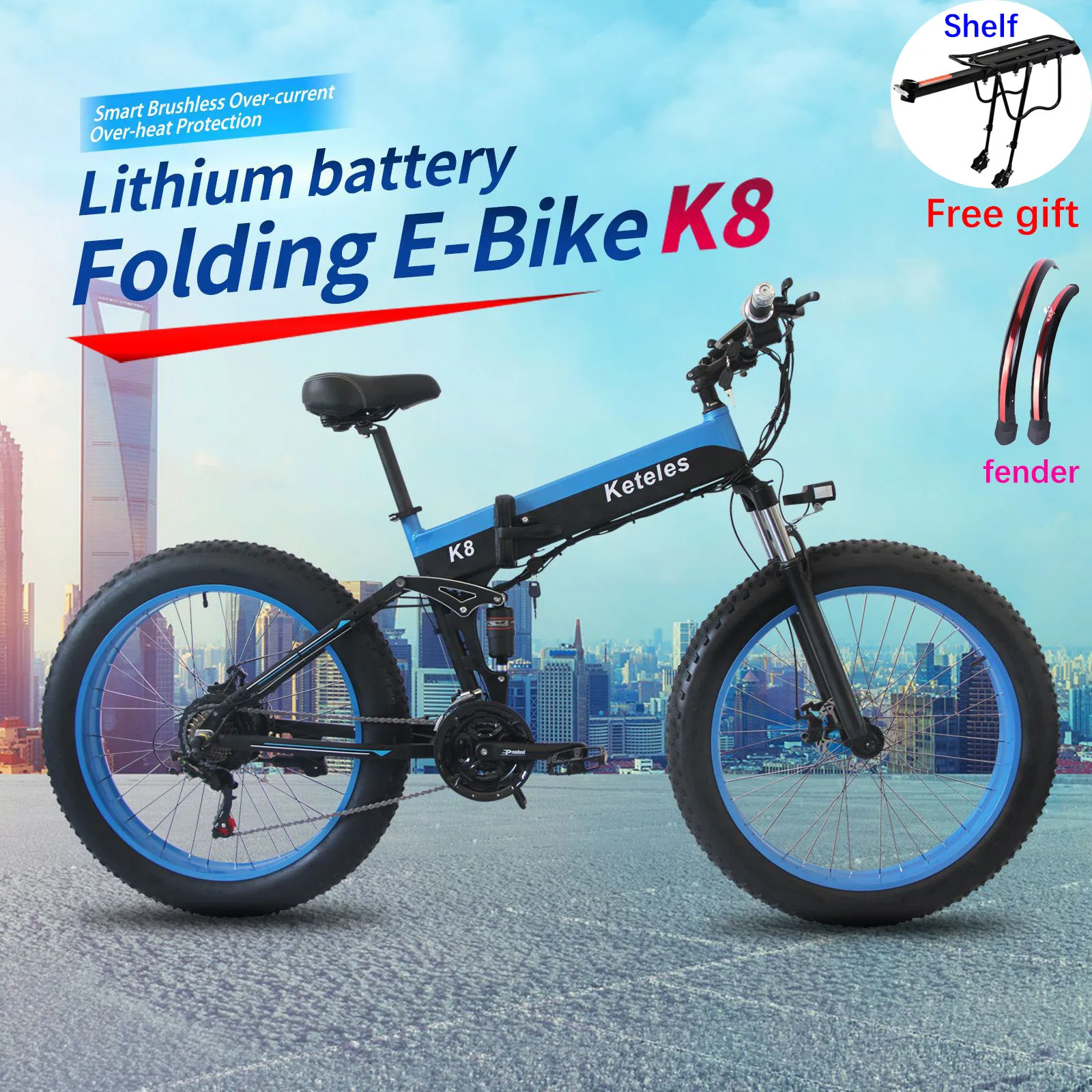 

Folding electric snowmobile Keteles fat wheel 26 inch 48V350W bicycle mountain bike 4.0 front and rear shock absorption