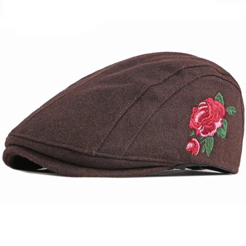 

Autumn And Winter New Embroidered Woolen Beret Women's British Retro Leisure National Style Duck Cap Men's Forward Hat Trend