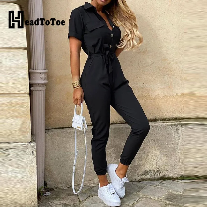 Однотонный короткий рукав украшенные пуговицами Комбинезоны Для женщин