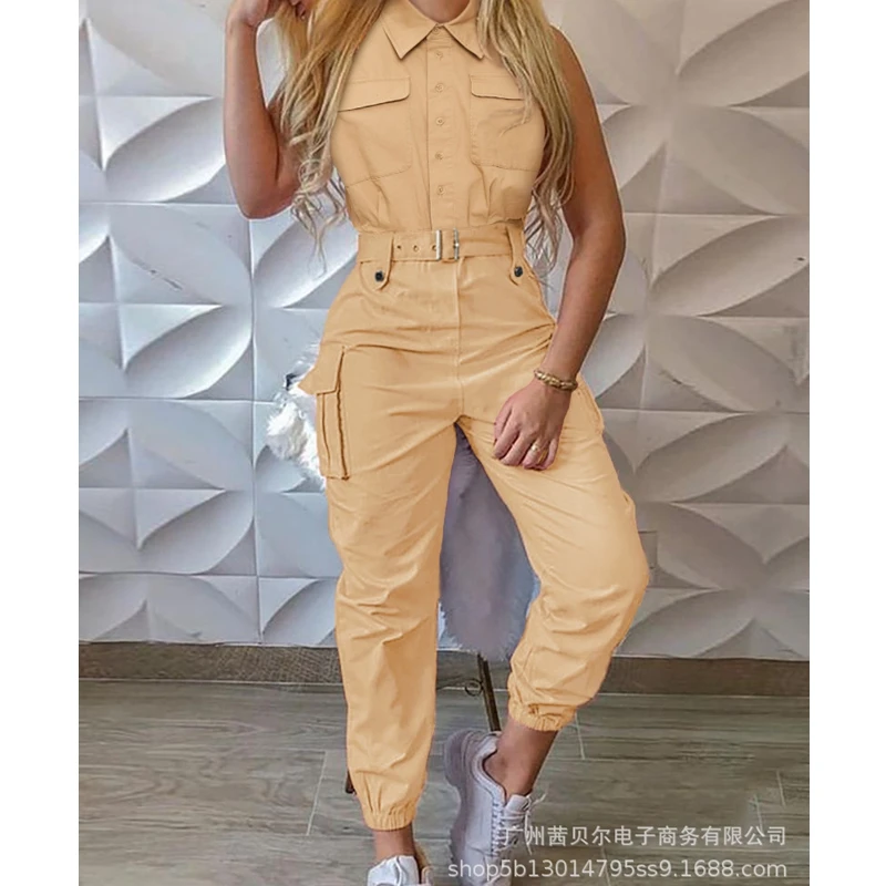 

WEPBEL Jumpsuits Women's Casual Solid Color Slim Pocket Stitching Jumpsuits Summer Turn-down Collar Lace-up Pencil Jumpsuits
