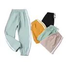 Детские однотонные льняные плиссированные брюки до щиколотки с полосками по бокам, штаны-шаровары для маленьких мальчиков и девочек с эластичным поясом