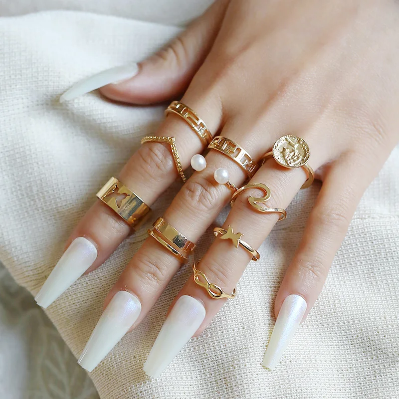 

Boho Vintage Pearl Butterfly Rings for Women Crystal Wings Stars Chain Geometric Knuckle Finger Ring Wedding Party Jewelry Sets