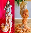 2022 арабское Aso Ebi Золотое роскошное платье-Русалка для выпускного вечера с кристаллами из бисера жемчужинами для торжественной вечеринки второй прием