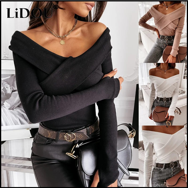 

2022 New Year Off the Shoulder Solid Cotton Blended T-shirt Women Vintage Spring Autumn Long Sleeved Tshirt Office Lady Tops Tee