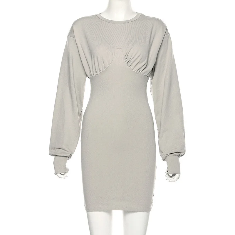 

Autumn Dress Sexy Bra Round Neck Temperament Commuter Long Sleeve Retro Hip Slim Dress Pleated Bubble Sleeve Skirt Gothic Dress