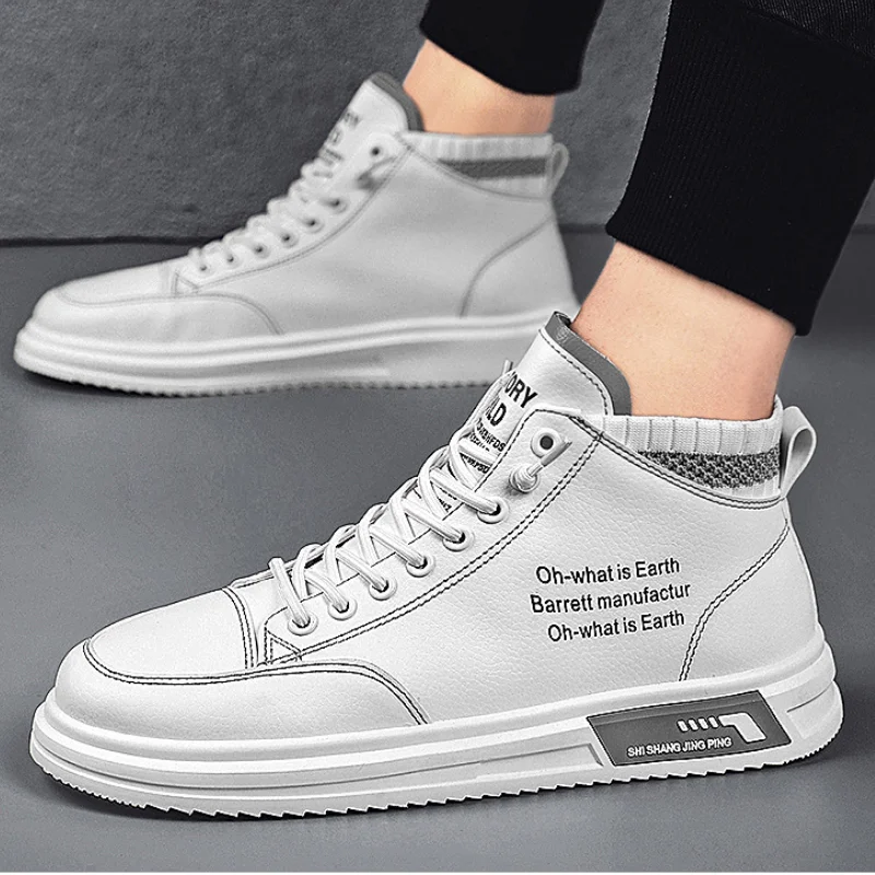 

Men Leather Casual Shoes High Top Soft Men's Sports Shoes White Designer Sneakers New Laces Comfort Shoes Man Flat Shoes