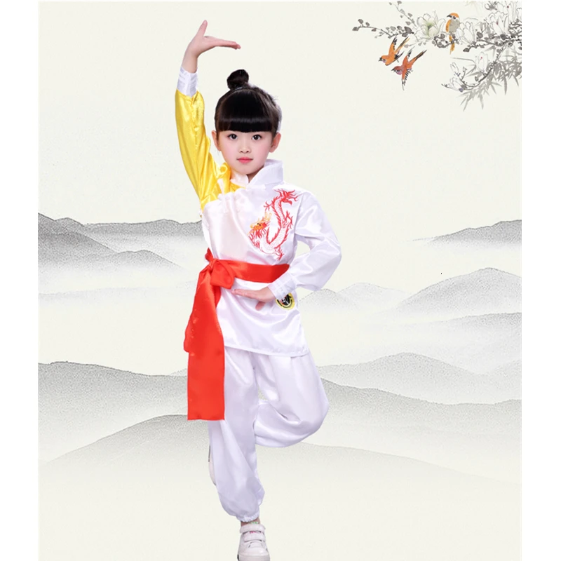 White Long Set Детская одежда ушу Вышивка Дракон Форма для кунгфу Китайский традиционный костюм для тайчи детей сценическое представление шаолин костюмы - Цвет: White Long Set