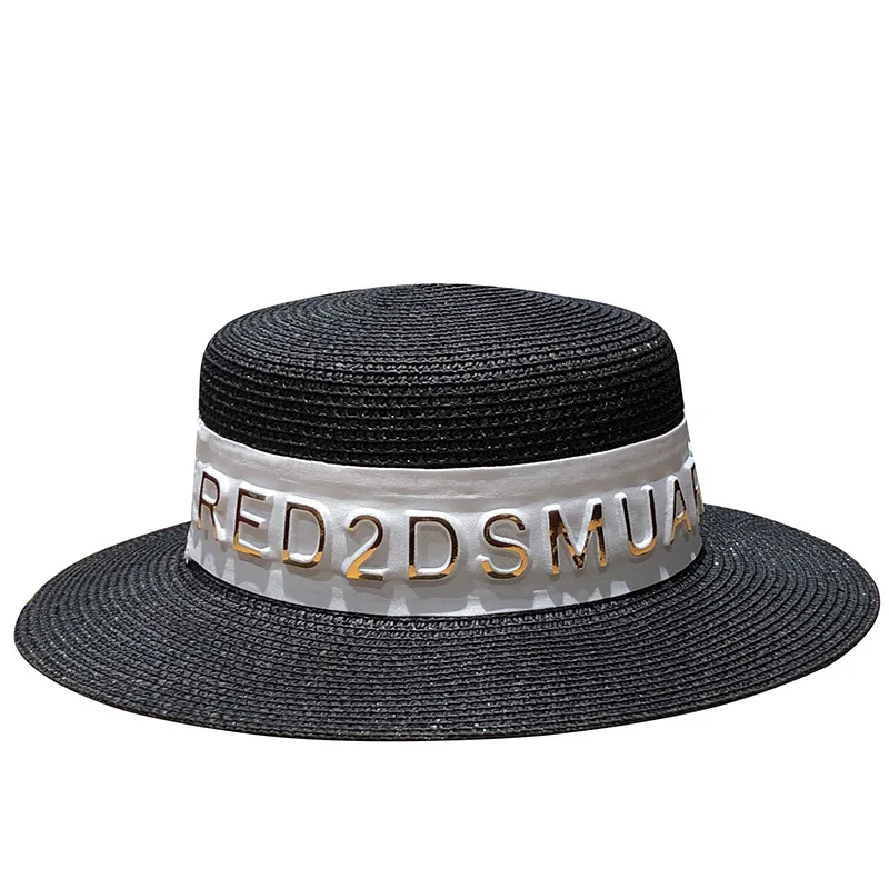 

Spring and summer flat top white hat versatile elegant women's new travel sunscreen hat straw hat children