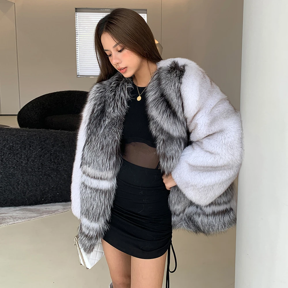 Mid-length Natural Fox Fur Jacket V-neck High Quality Women Whole Skin Genuine Fox Fur Coat Female Trendy Fur Overcoat Luxury