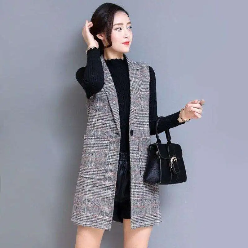 Oversize XXXL Fashion Women Casual Turn-down Collar Plaid Long Pocket Blazer Outwear Slim Quality Elegant Office Clothing Autumn
