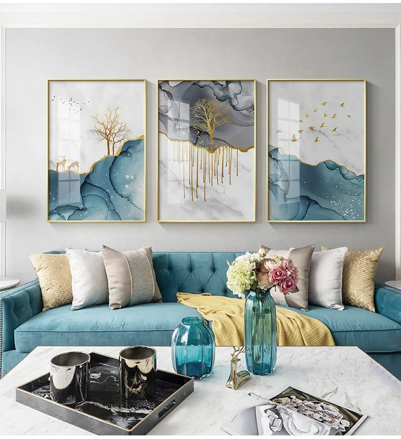 

Forest Landscape Abstract Posters and Prints Gold Deer Bird Wall Art Modern Canvas Painting Pictures for Living Room Home Decor