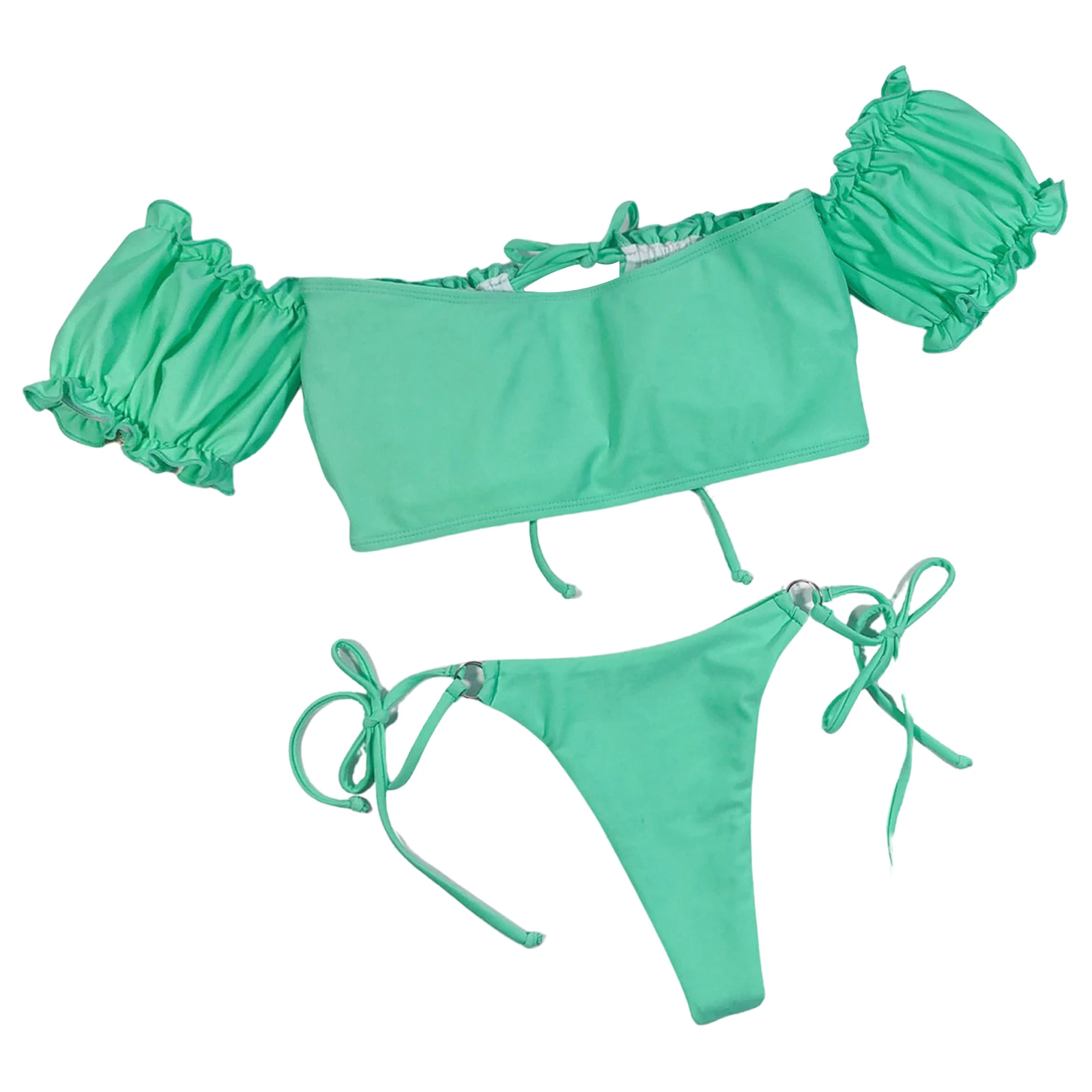 

Meihuida 2 Pcs Woman's Bikini Swimwear Set, Sexy Off-the-shoulder Lace-up Pleated Tube Top, Solid Color Elastic Panties