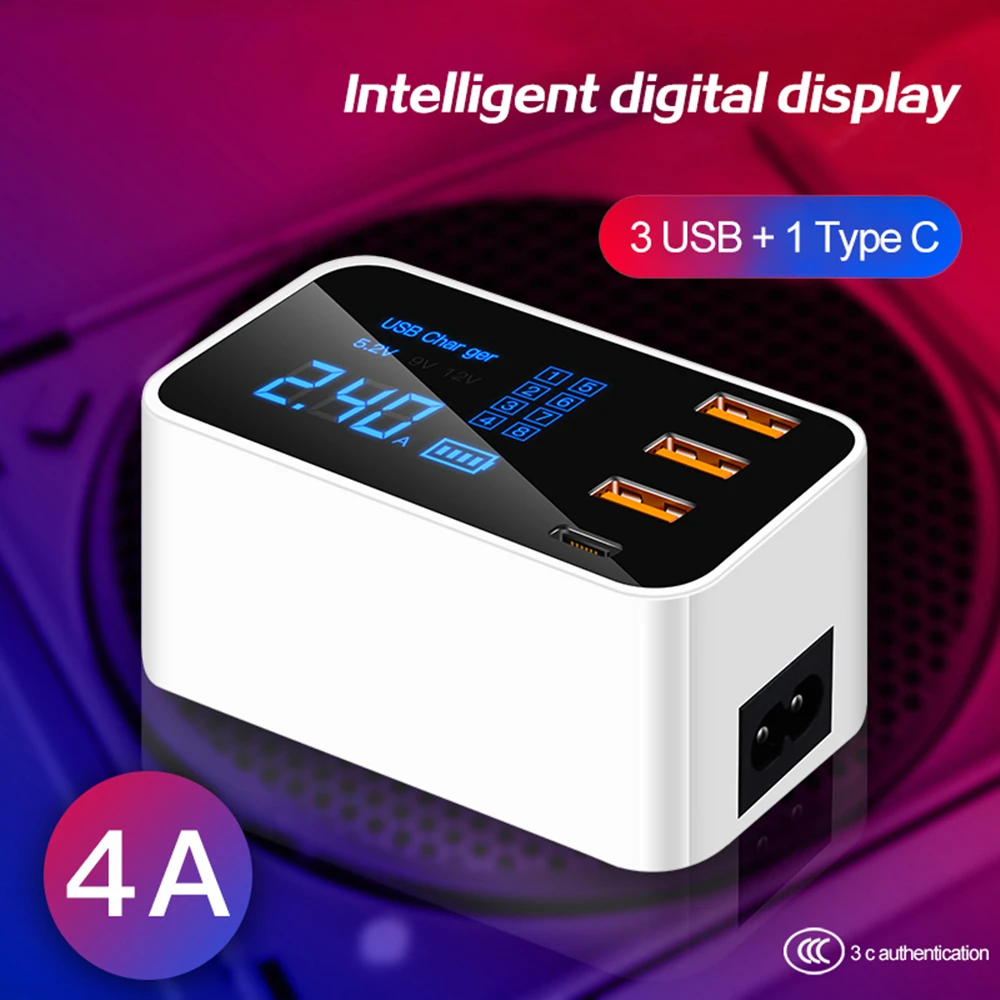 

4 Ports LED Display Type C USB Charger For iPhone 12 Pro USB Adapter Fast Charger For Xiaomi Huawei Samsung Mobile Phone Charger