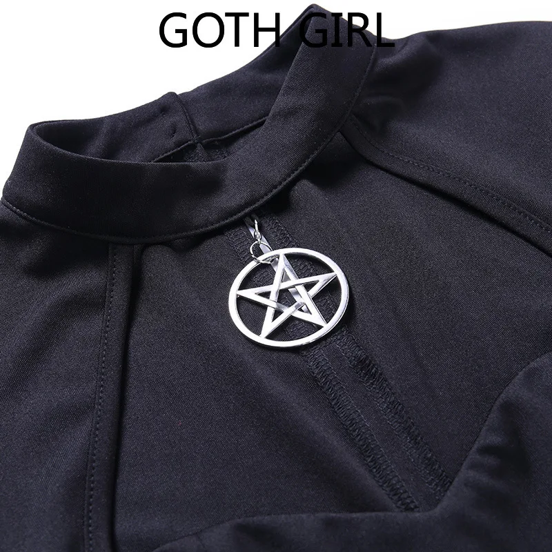 

Goth Girl Retro Dark Sexy Chest Emphasizing Dress Female Gothic Halter Pentagram Accessories High Waist Small Black Dress A-Line