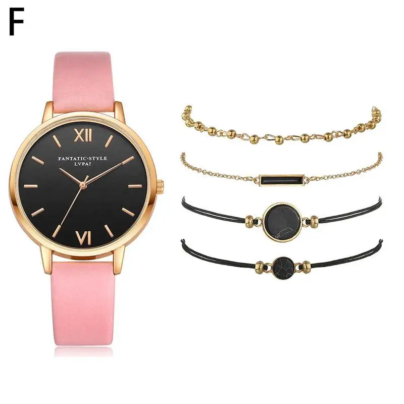 

5pcs Set Top Style Fashion Women's Luxury Leather Band Analog Quartz WristWatch Ladies Watch Women Dress Reloj Mujer Black Clock