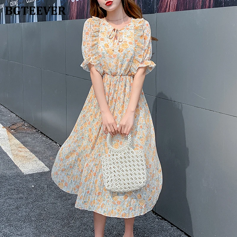 Платье BGTEEVER женское шифоновое с круглым вырезом романтичное Плиссированное