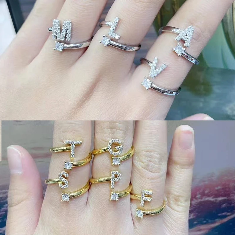 

A-Z Alphabet Initials CZ Women Ring Letters Gold Silver Color Open Cuff Lady Finger Ring Wedding Punk Chunky Adjustable Signet