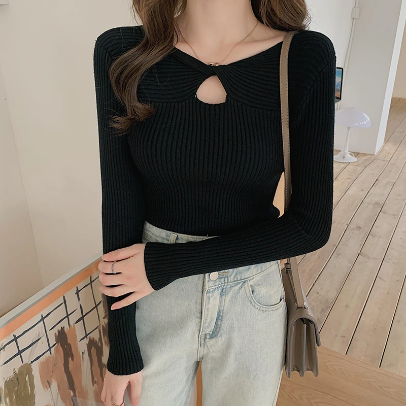 New Autumn Winter Fashion Twist Together V-neck Pullovers Knitted Ladies Sweater Womens Solid Slim Long Sleeve Top | Женская одежда